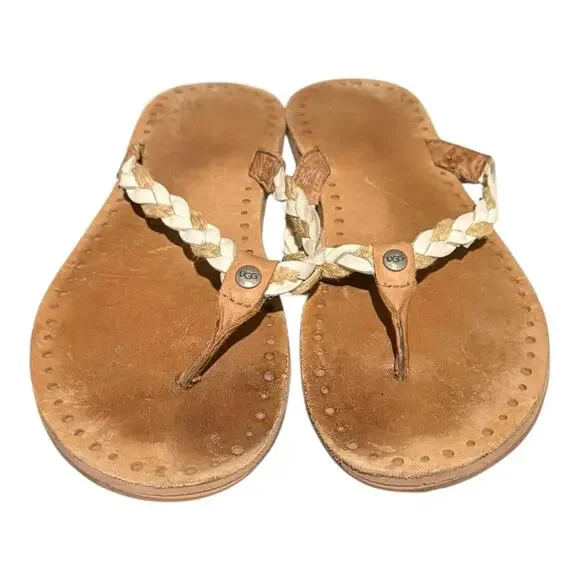 UGG Women's Thong Sandals Size 9 White Brown Flip Flop Braided Leather - Picture 5 of 7